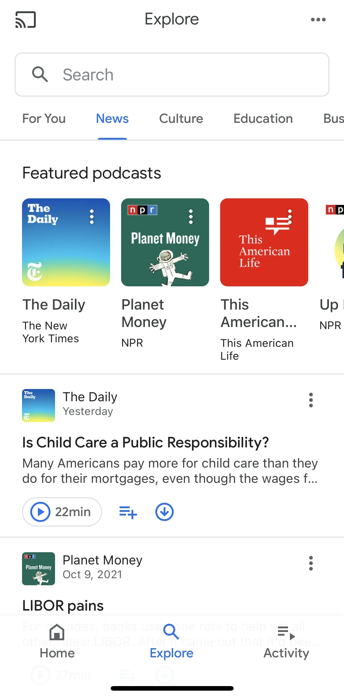 Google Podcasts Screen screen in the Podcast detail flow