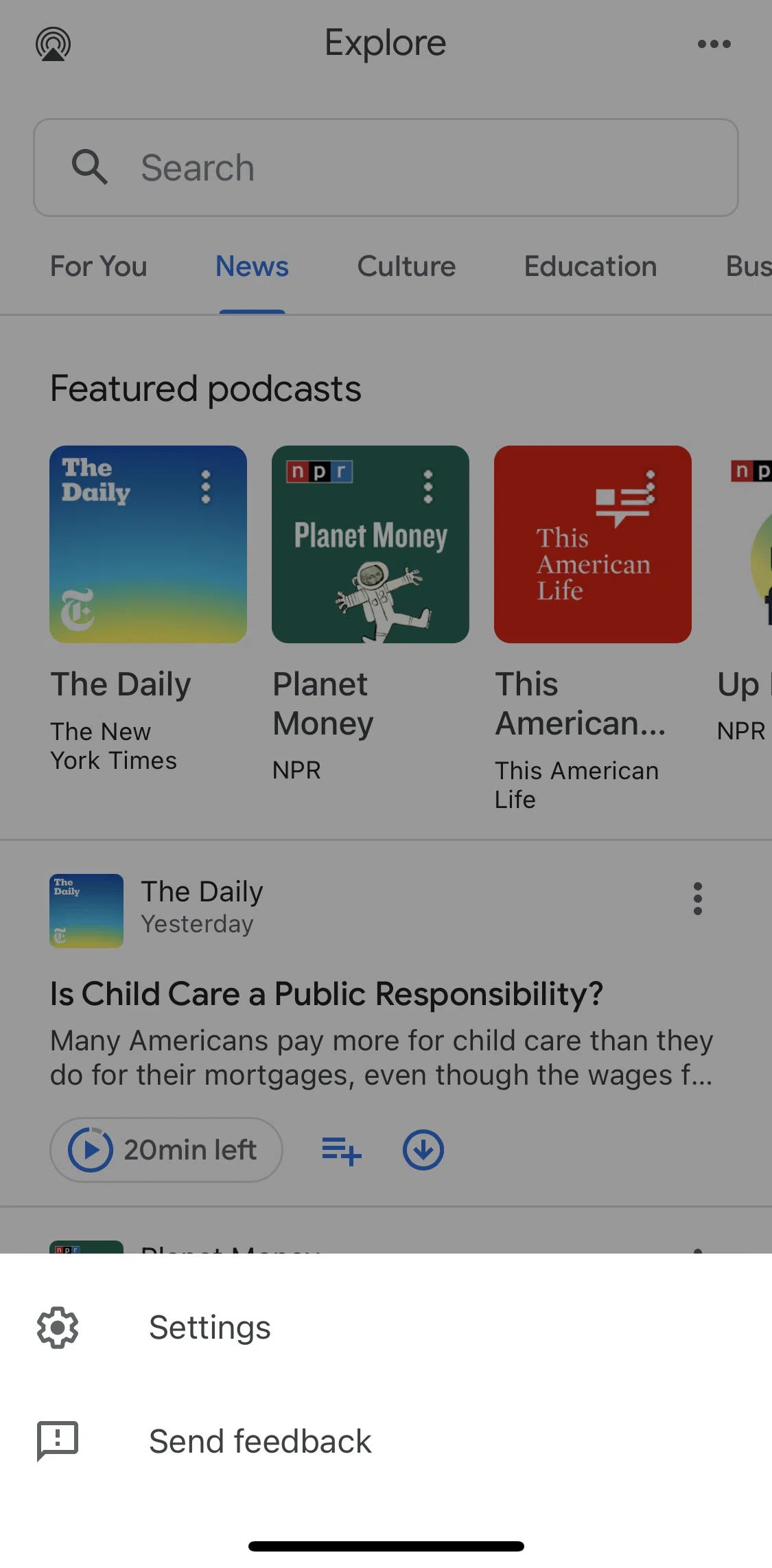 Google Podcasts Screen screen in the Settings flow