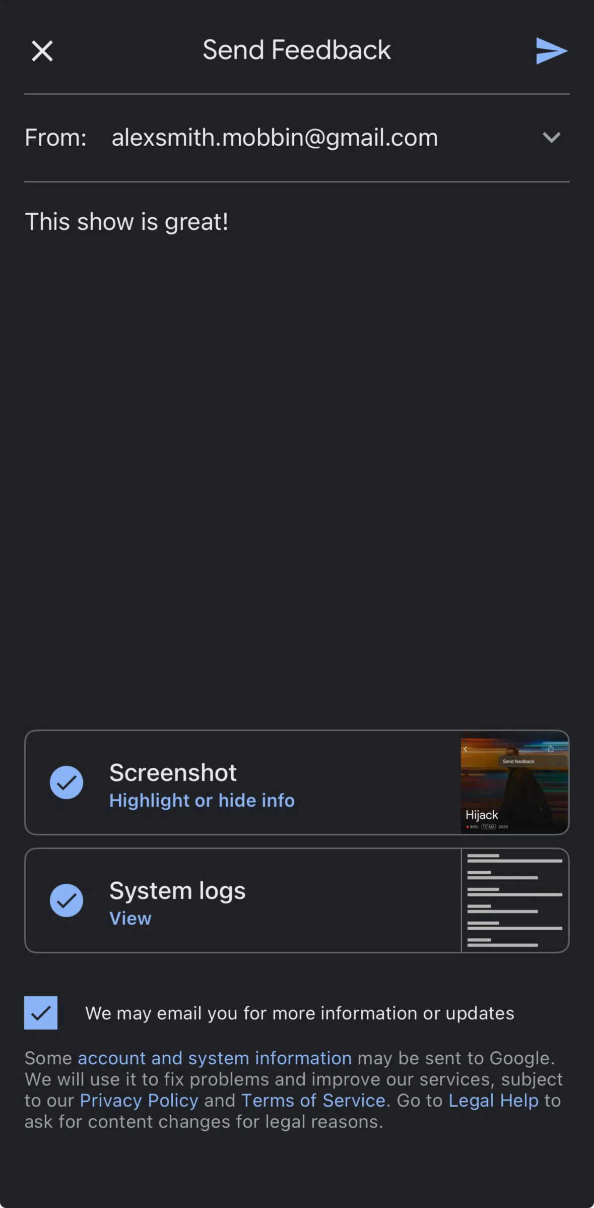 Google TV Screen screen in the Editing sender detail flow