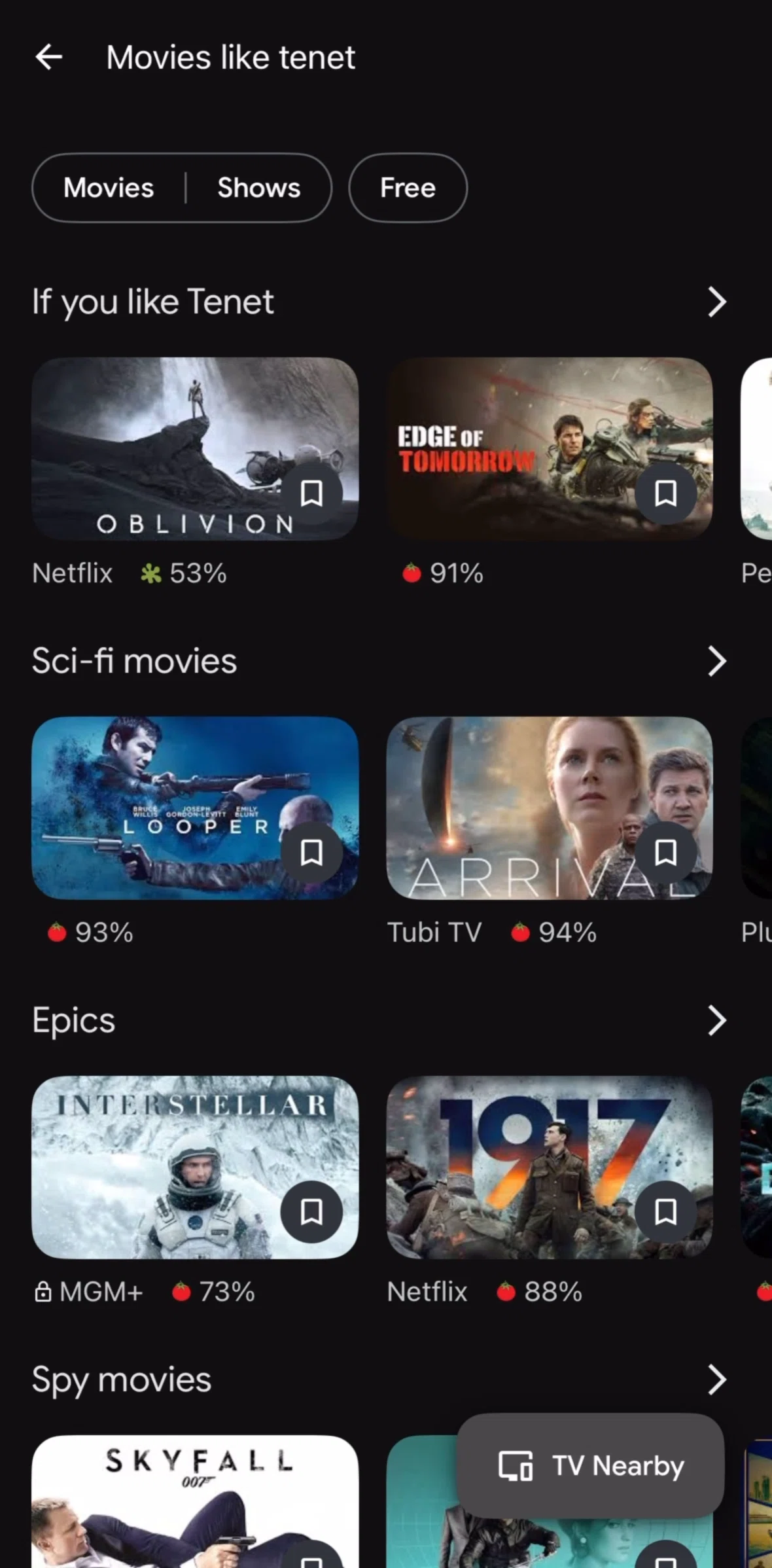 Google TV Screen screen in the Filtering shows flow