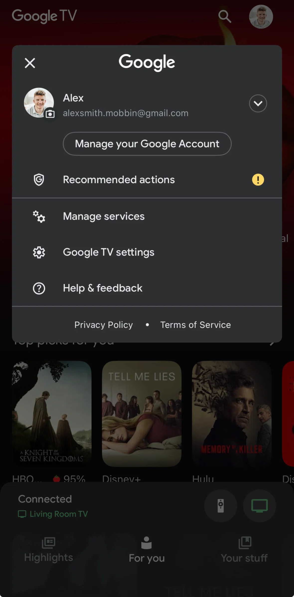 Google TV Screen screen in the Help & feedback flow