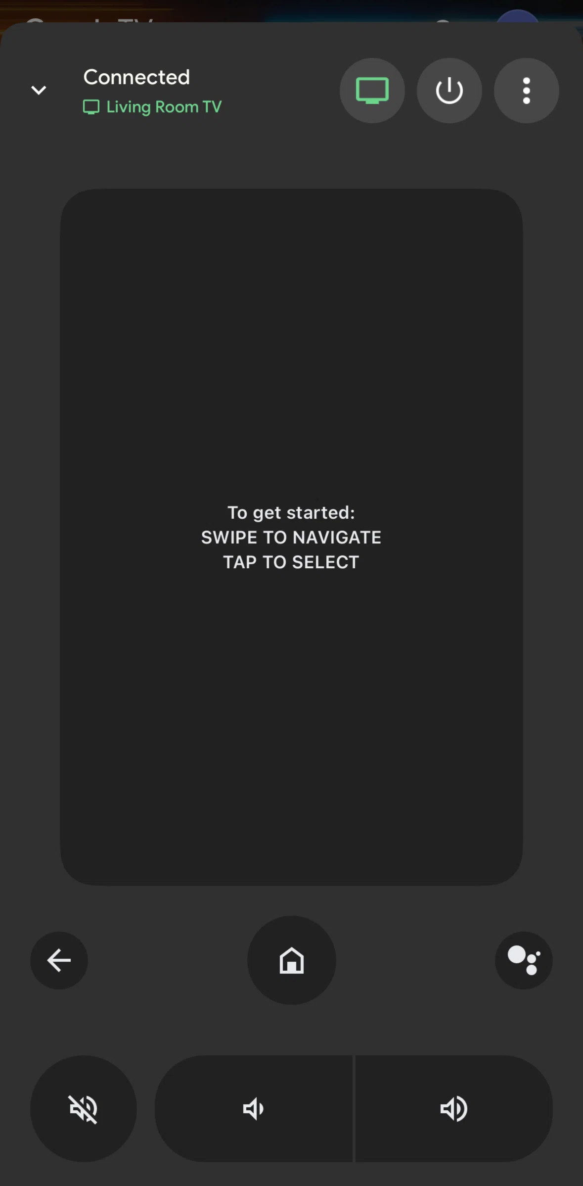 Google TV Screen screen in the Navigating a remote (swipe control) flow