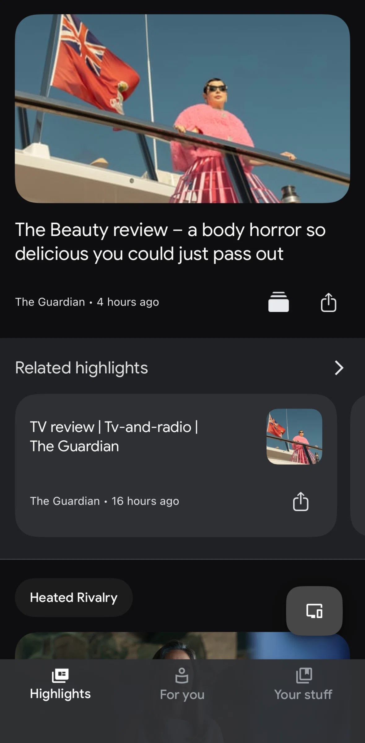 Google TV Screen screen in the Related highlights flow