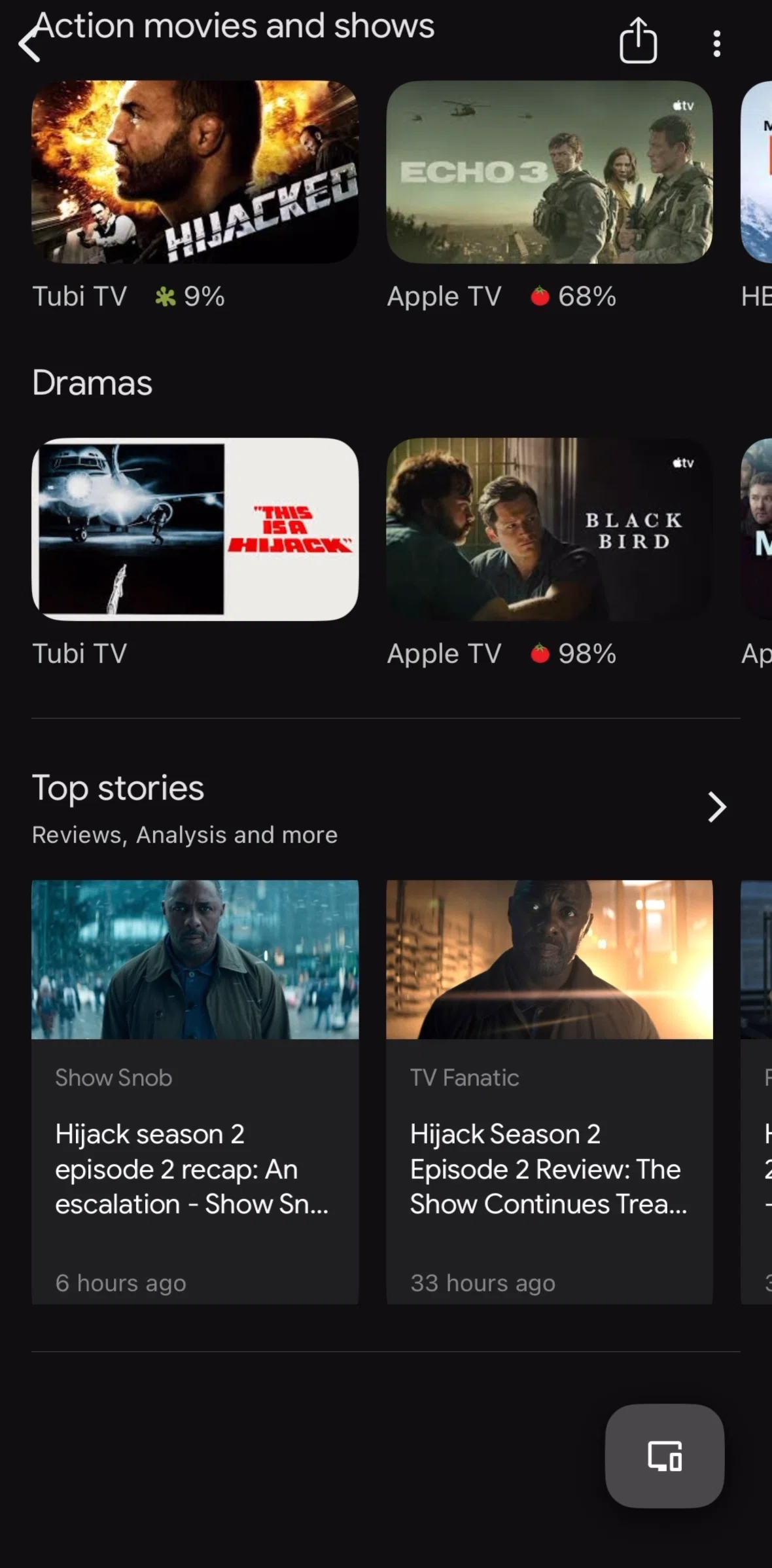 Google TV Screen screen in the Top stories flow