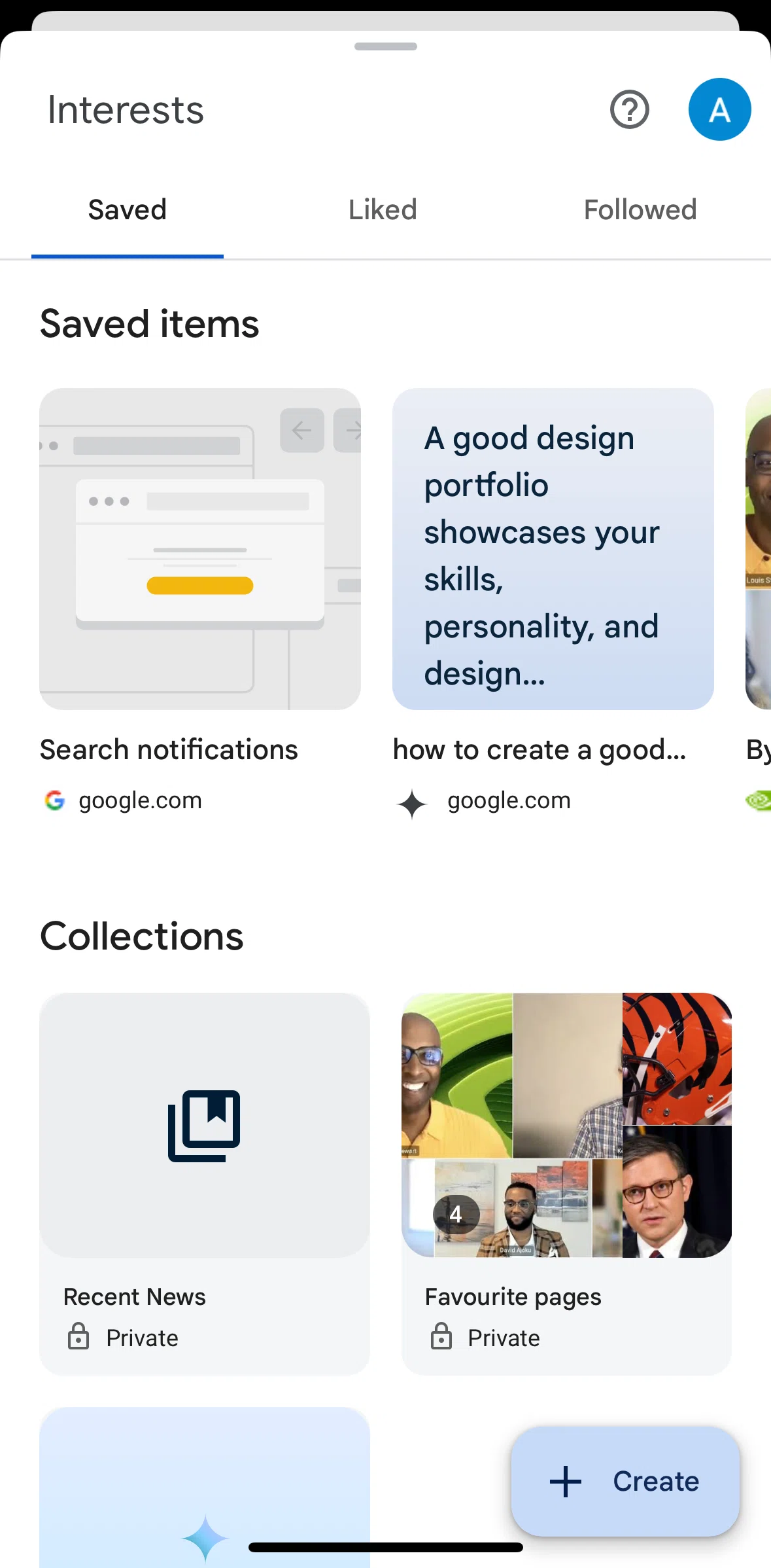 Google Screen screen in the Collections (favorite pages) flow