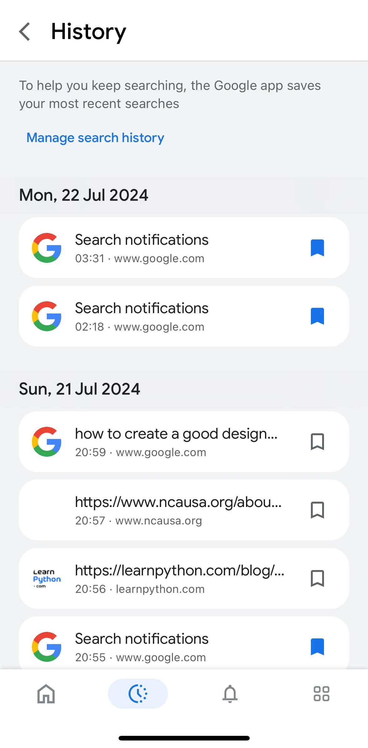 Google Screen screen in the Deleting a history flow