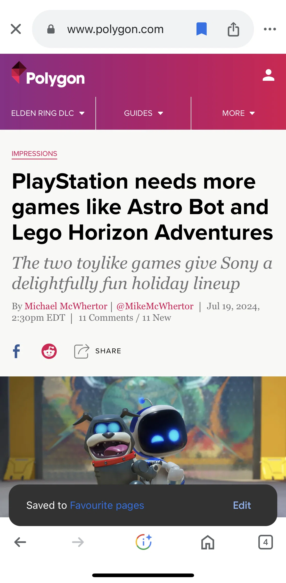 Google Screen screen in the Editing saved article flow