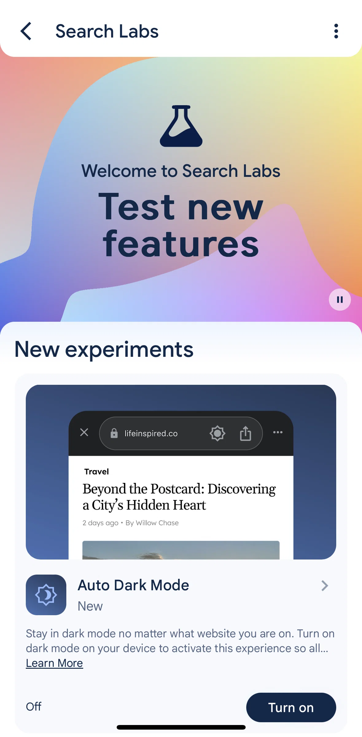 Google Screen screen in the Manage experiments flow