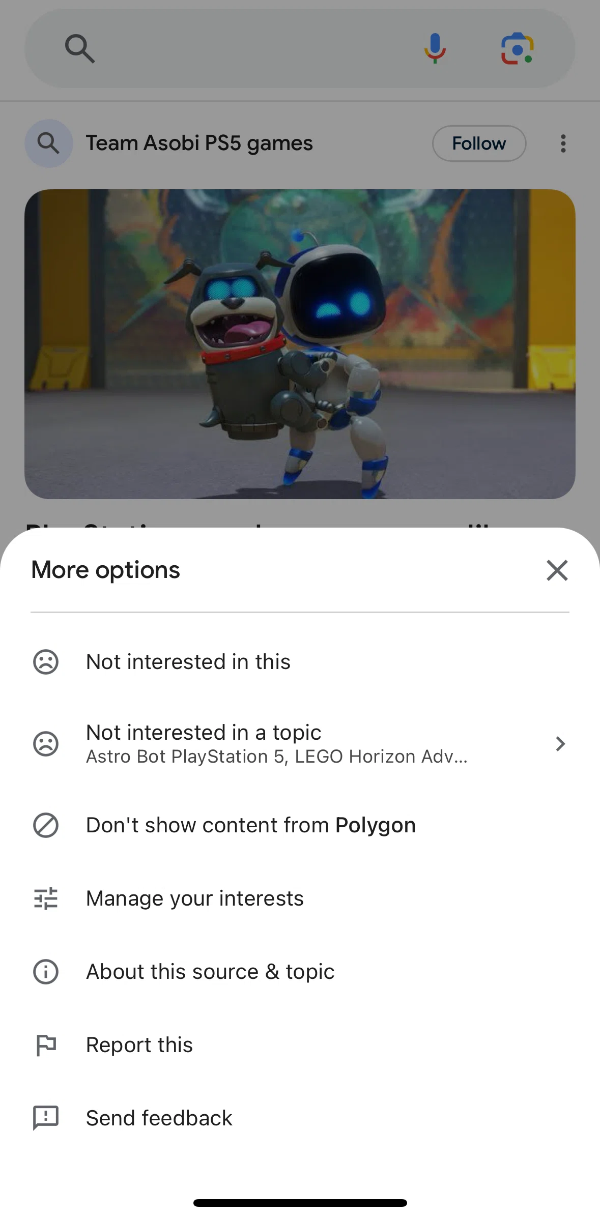 Google Screen screen in the Marking a topic as not interested flow