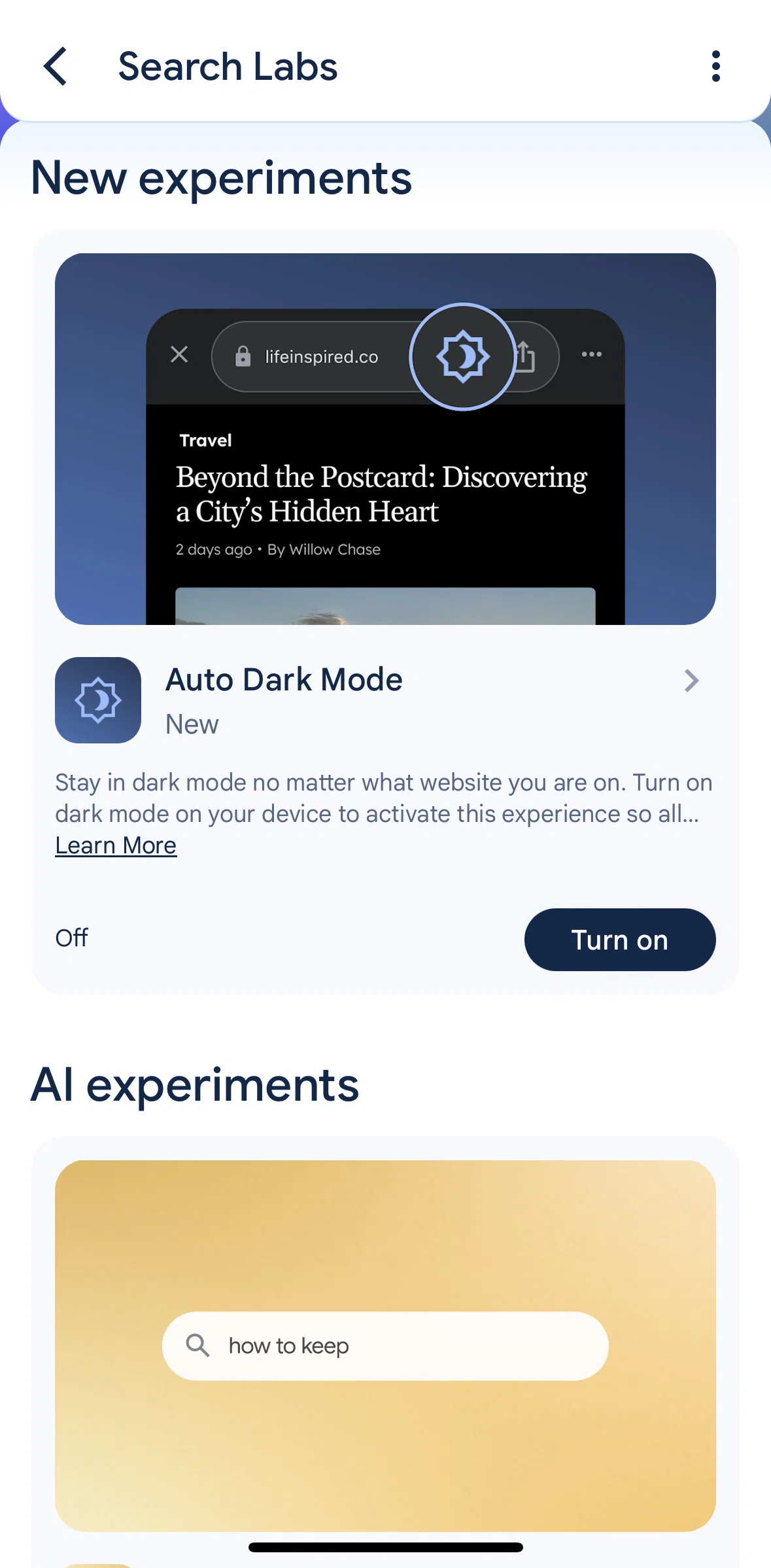 Google Screen screen in the Turning on a tool (auto dark mode) flow