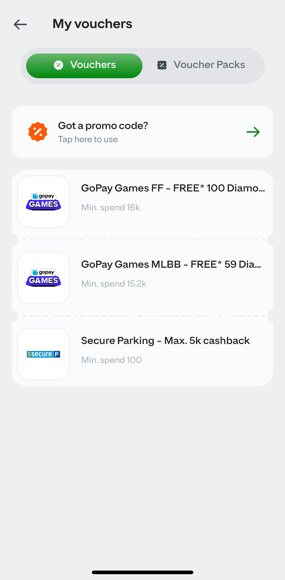 GoPay Screen screen in the Adding a promo code flow
