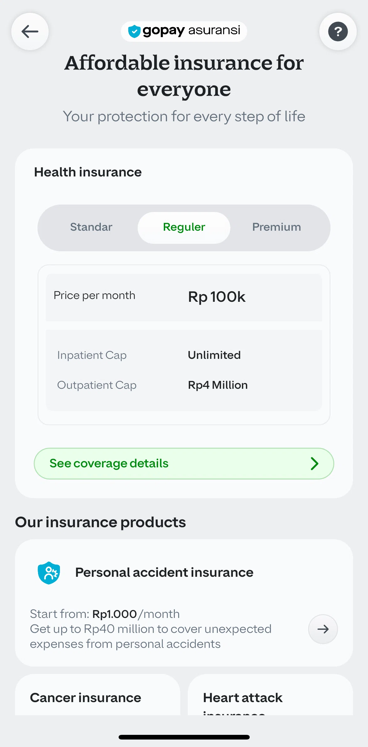 GoPay Screen screen in the Coverage details flow