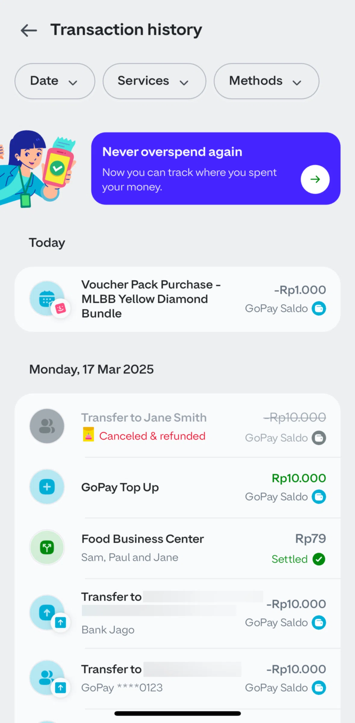 GoPay Screen screen in the Filtering transaction by date flow