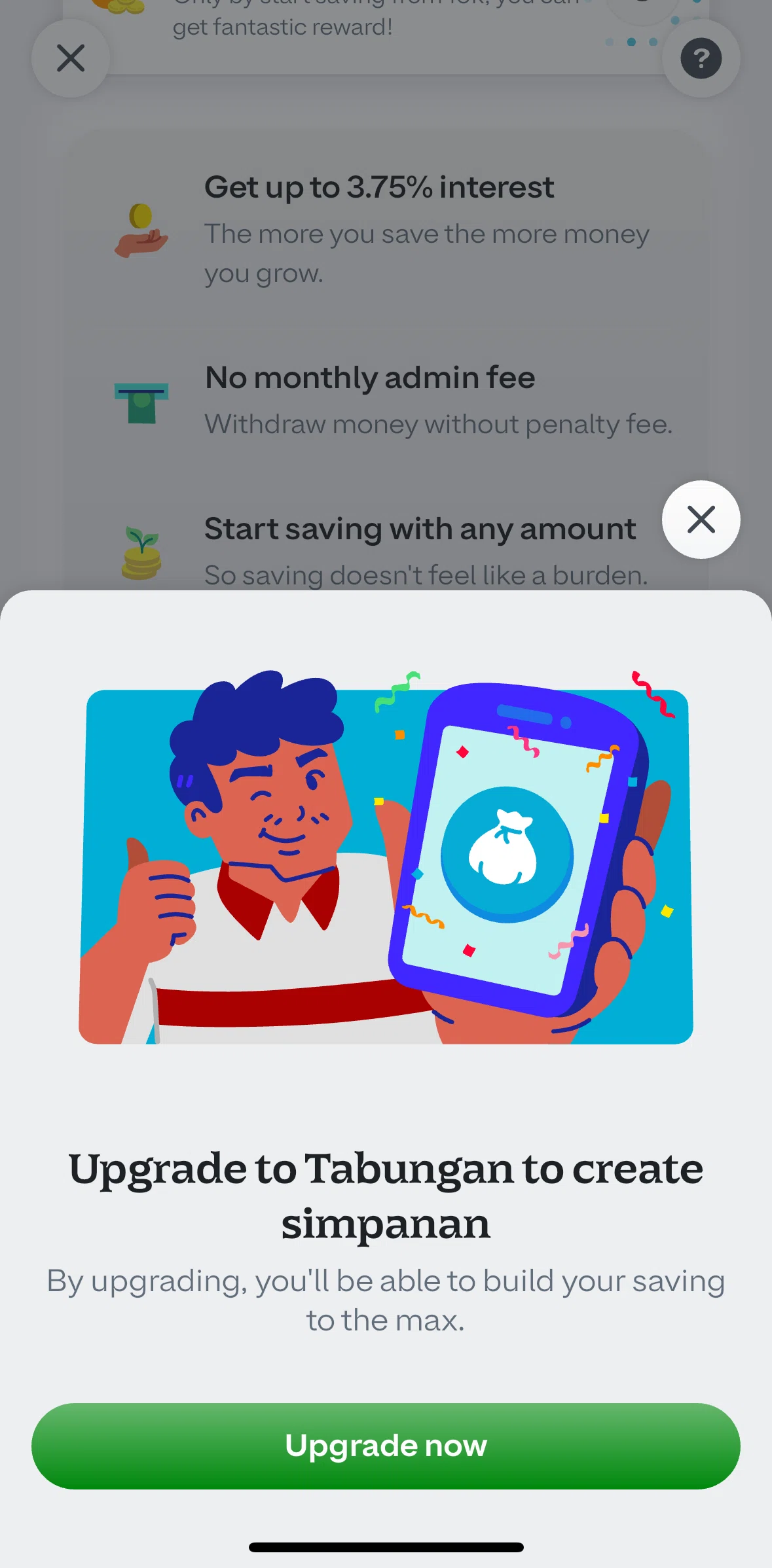 GoPay Screen screen in the Upgrade to GoPay savings flow