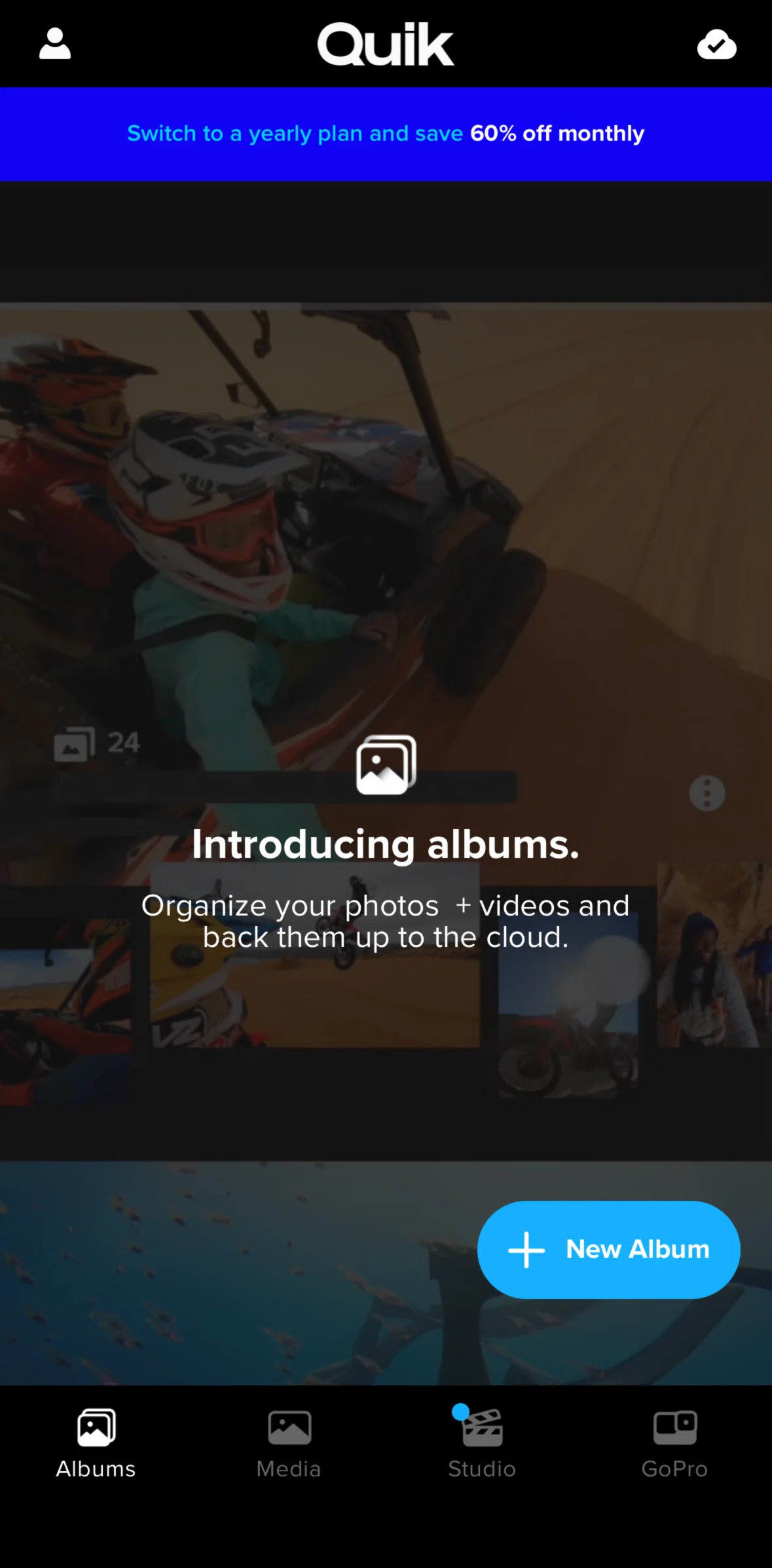 GoPro Quik Screen screen in the Creating a new album flow