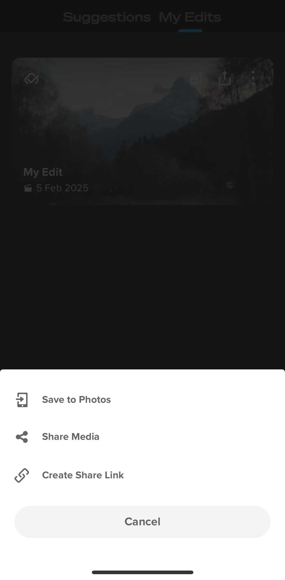 GoPro Quik Screen screen in the Creating a share link flow