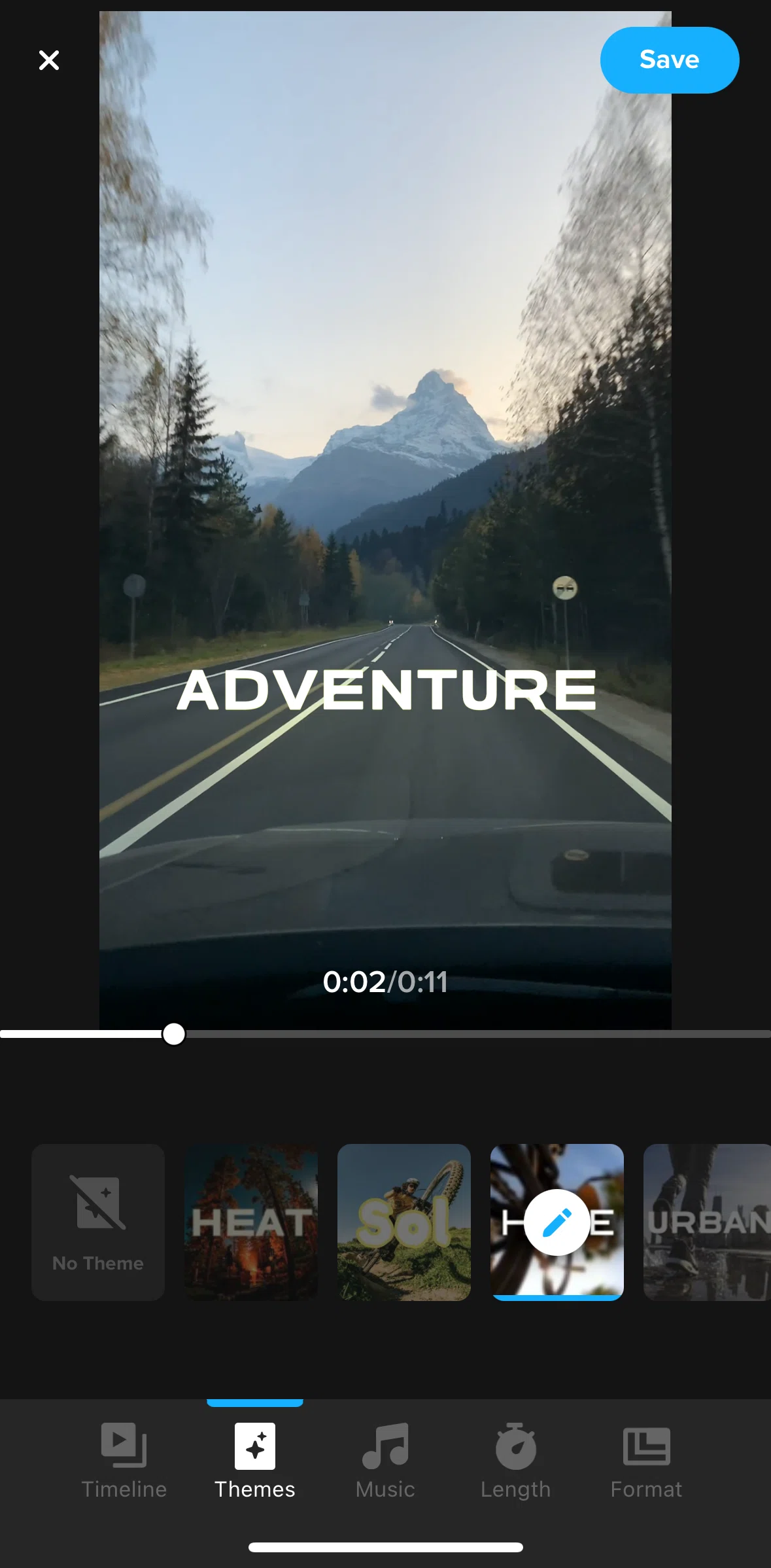 GoPro Quik Screen screen in the Editing a theme flow
