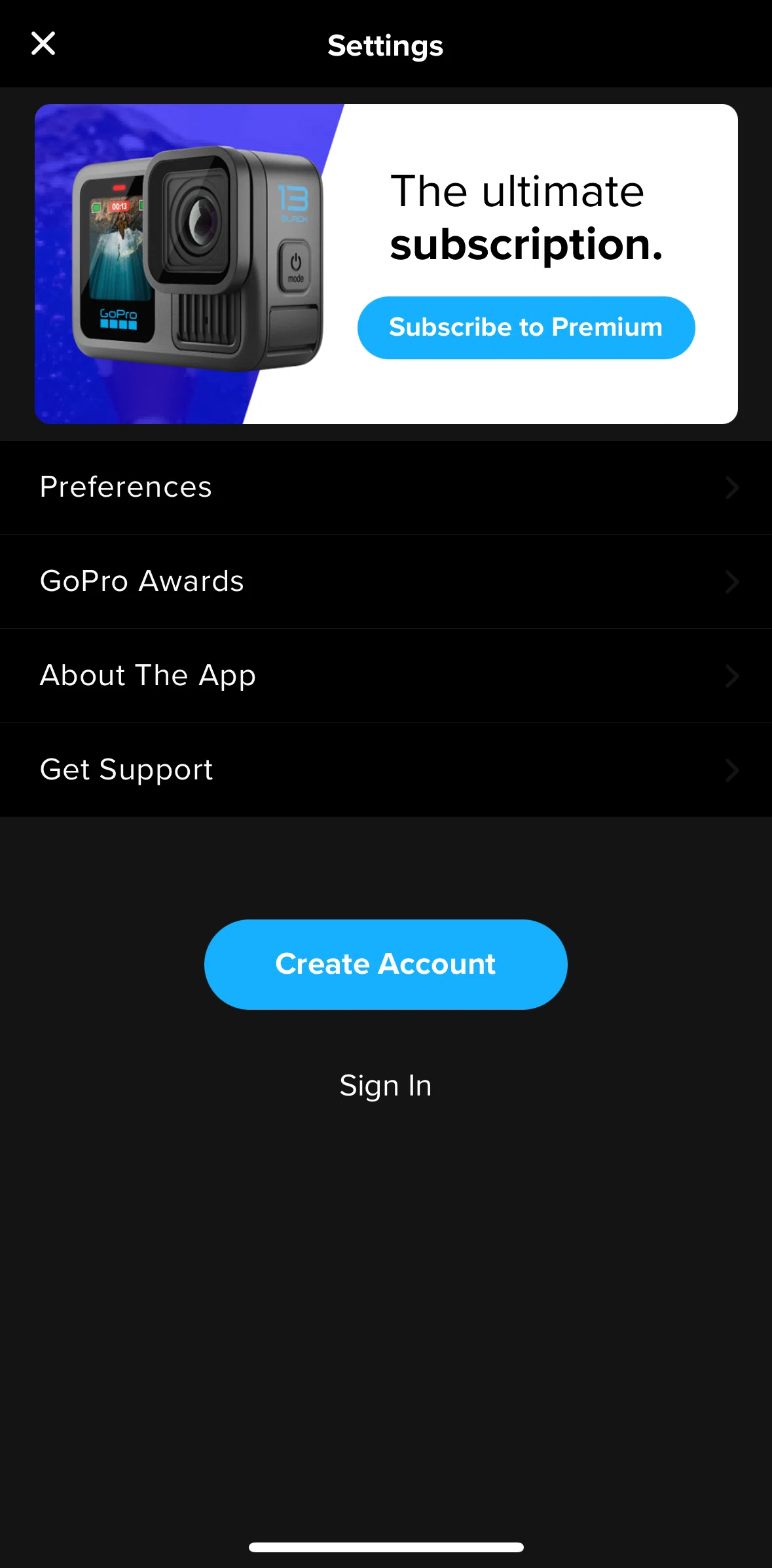 GoPro Quik Screen screen in the Logging in flow