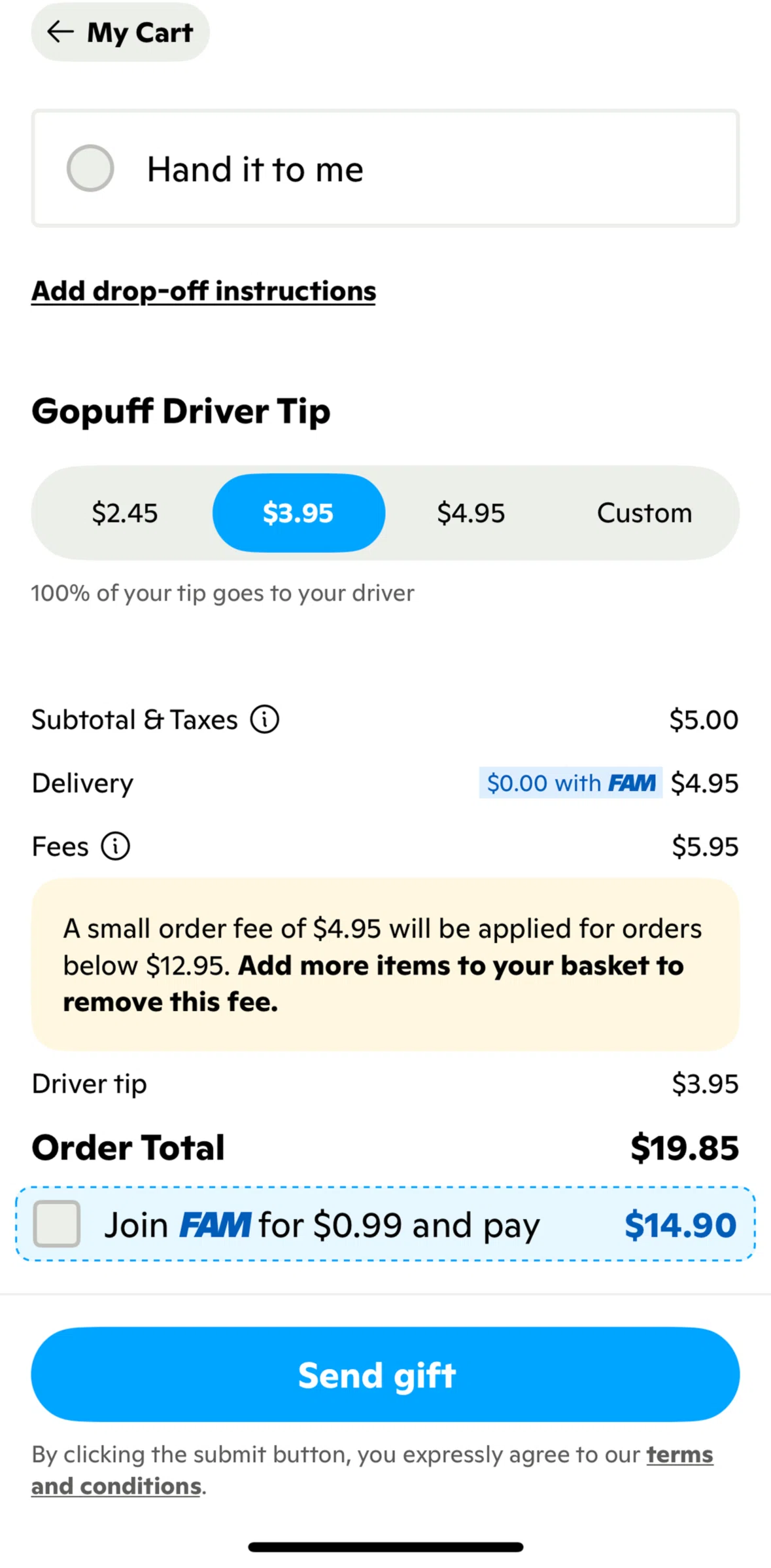 Gopuff Screen screen in the Adding a tip flow