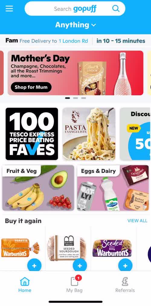 Gopuff Home screen in the Cancelling Your Subscription flow