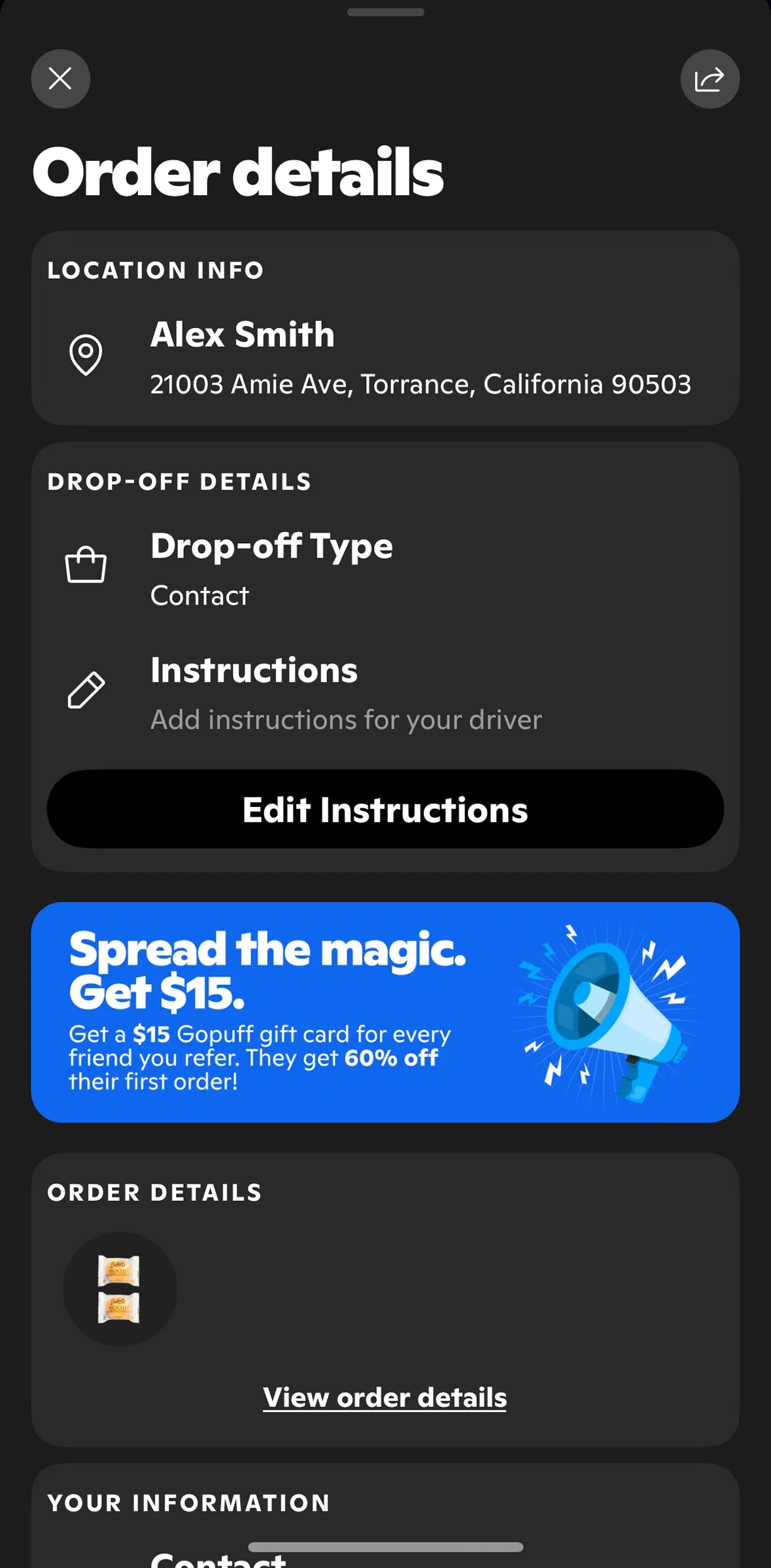 Gopuff Screen screen in the Editing instructions flow