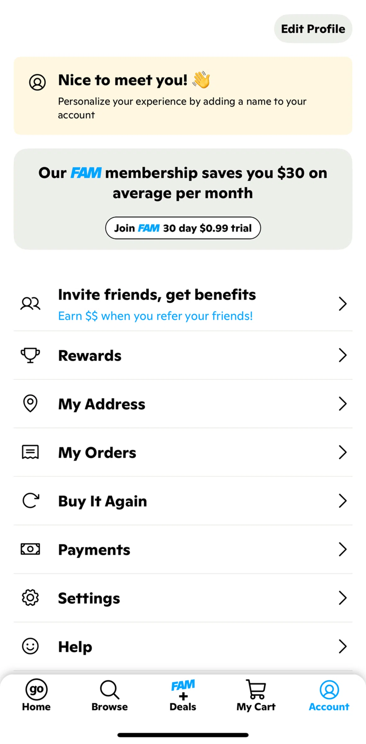 Gopuff Screen screen in the Editing profile flow