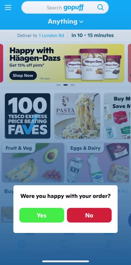 Gopuff Feedback request screen in the Giving Feedback flow