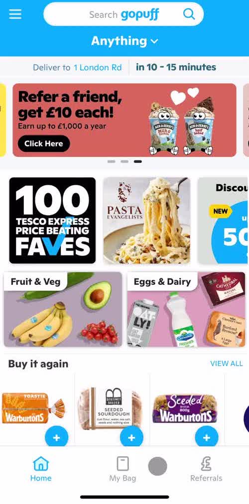 Gopuff Home screen in the Inviting People flow