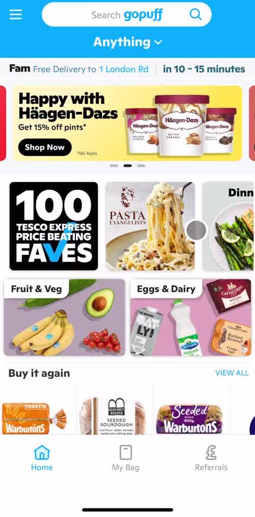Gopuff Home screen in the Searching flow