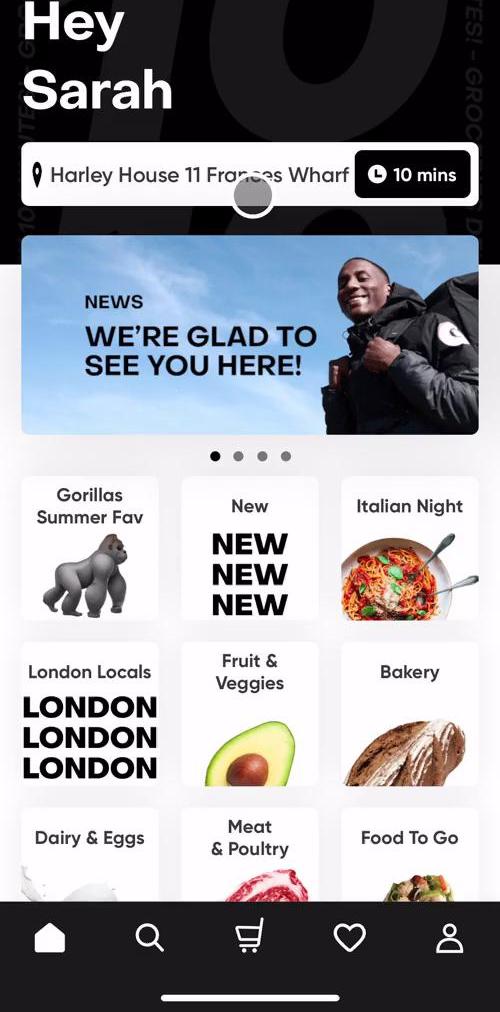 Gorillas Home screen in the Buying Something flow