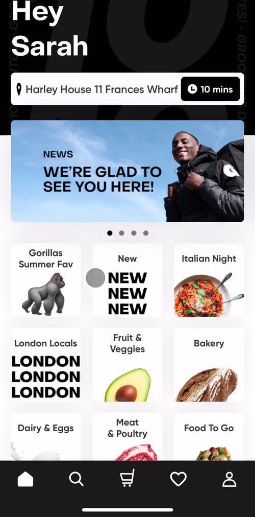 Gorillas Home screen in the Searching flow
