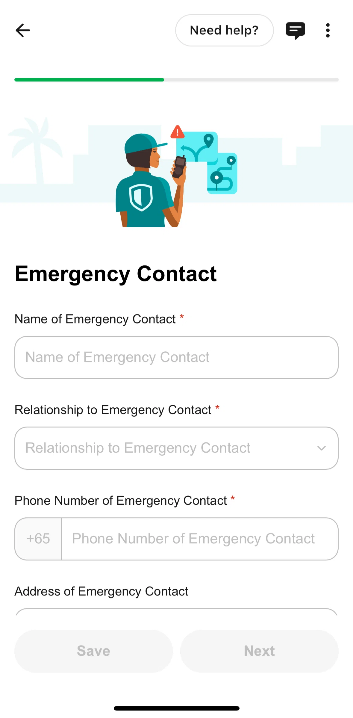 Grab Driver Screen screen in the Adding an emergency contact flow
