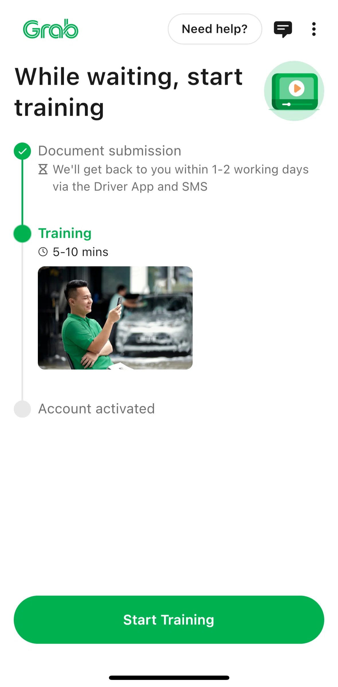 Grab Driver Screen screen in the Completing training courses flow