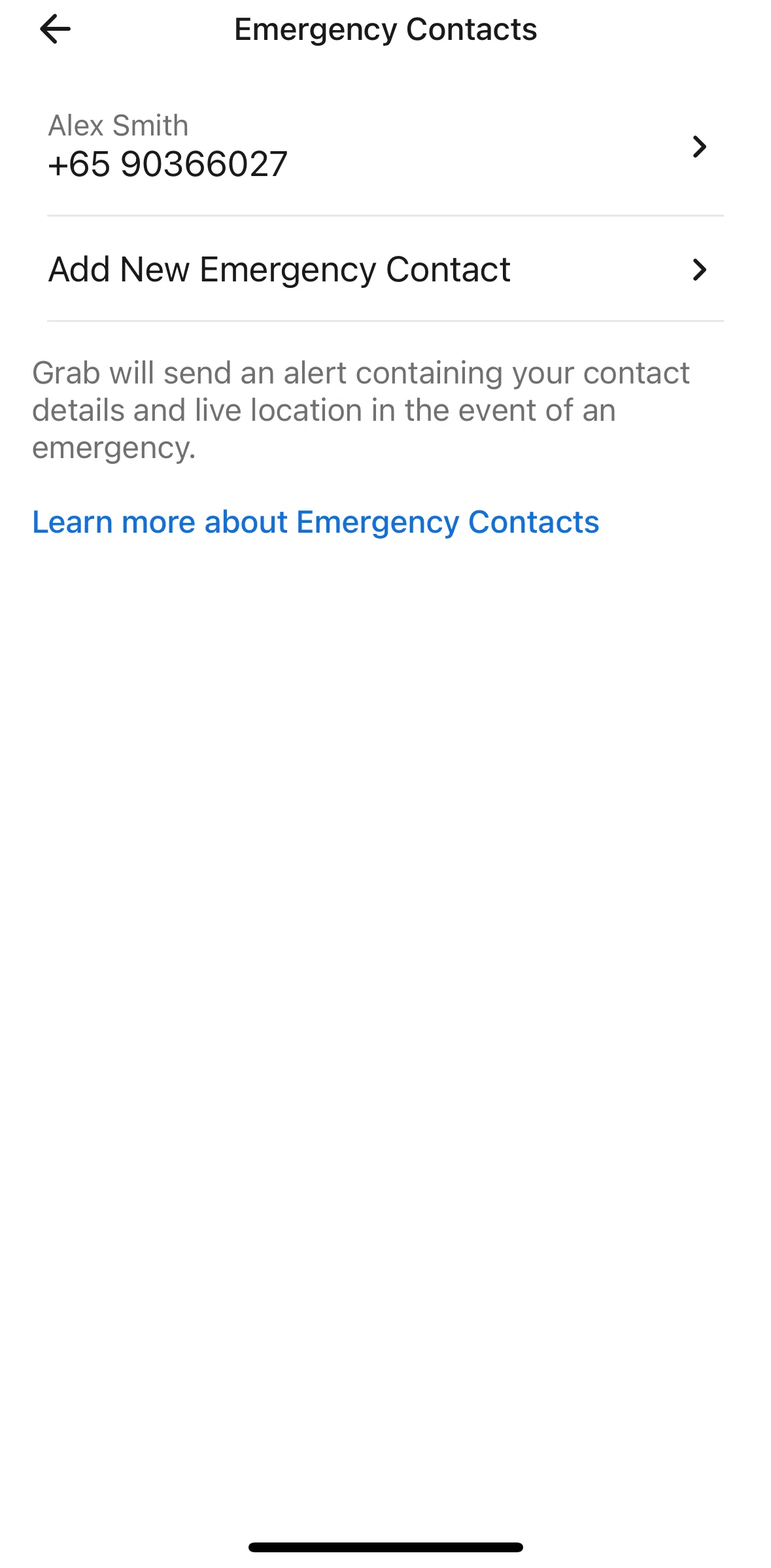 Grab Driver Screen screen in the Deleting an emergency contact flow