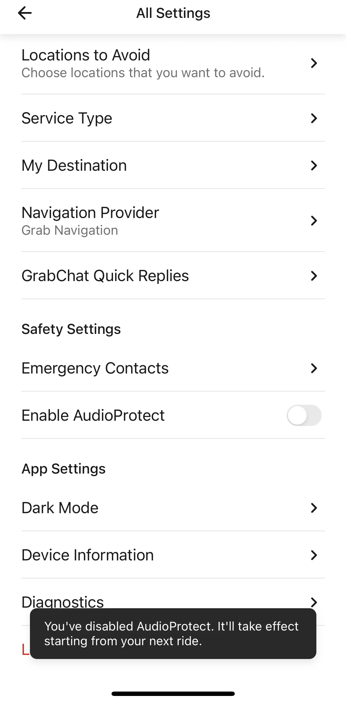 Grab Driver Screen screen in the Enabling AudioProtect flow
