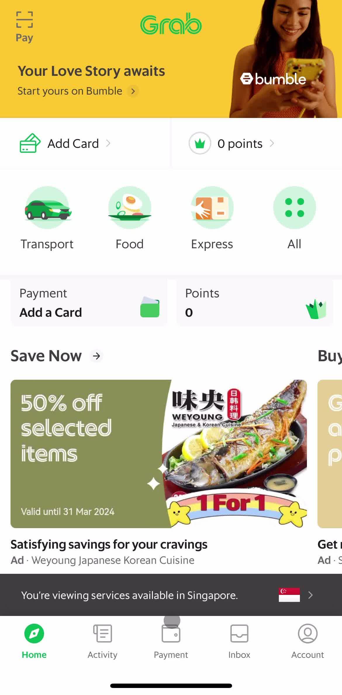 Grab Home screen in the Adding Payment Details flow