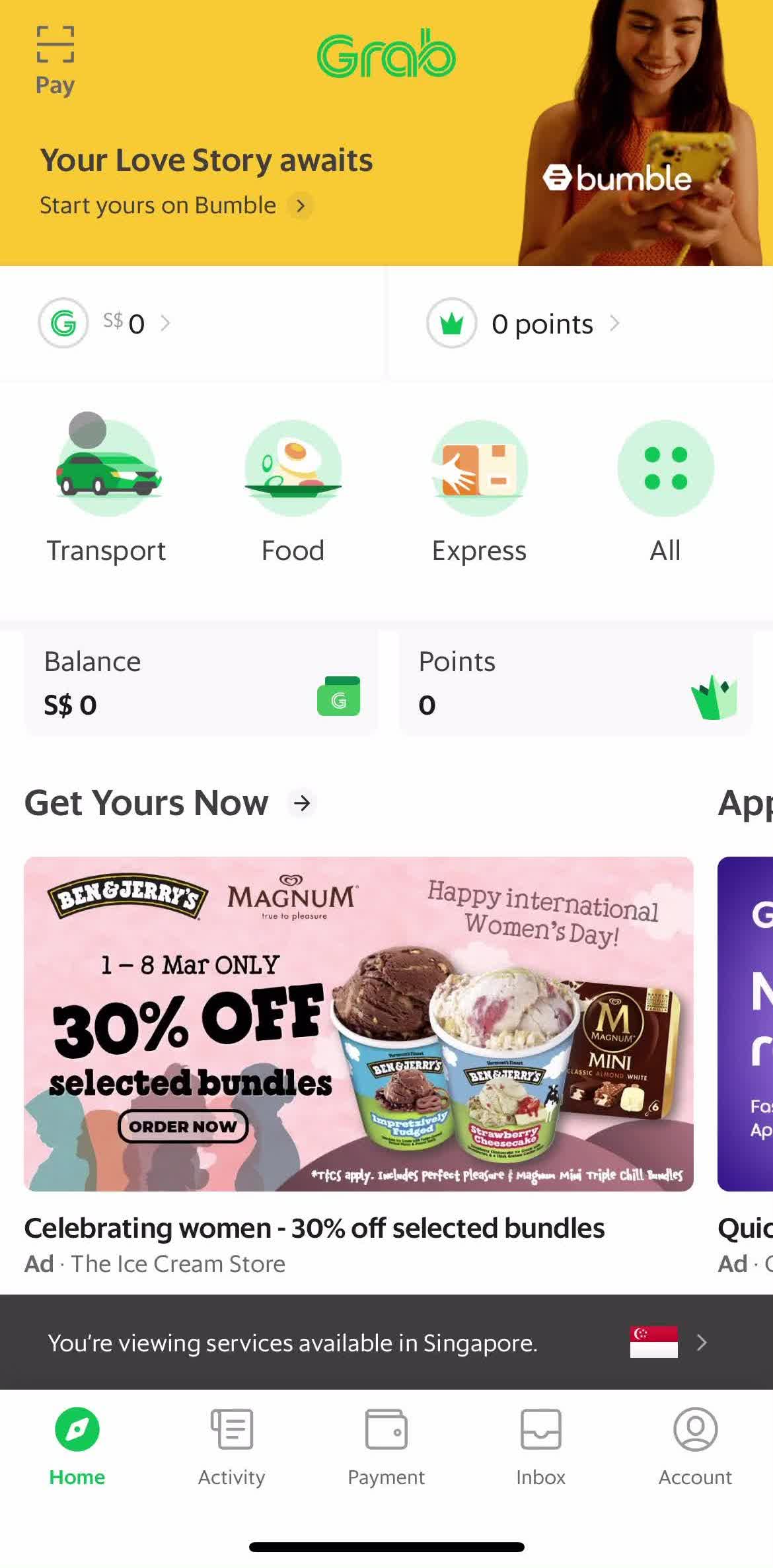 Grab Home screen in the Booking Transport flow