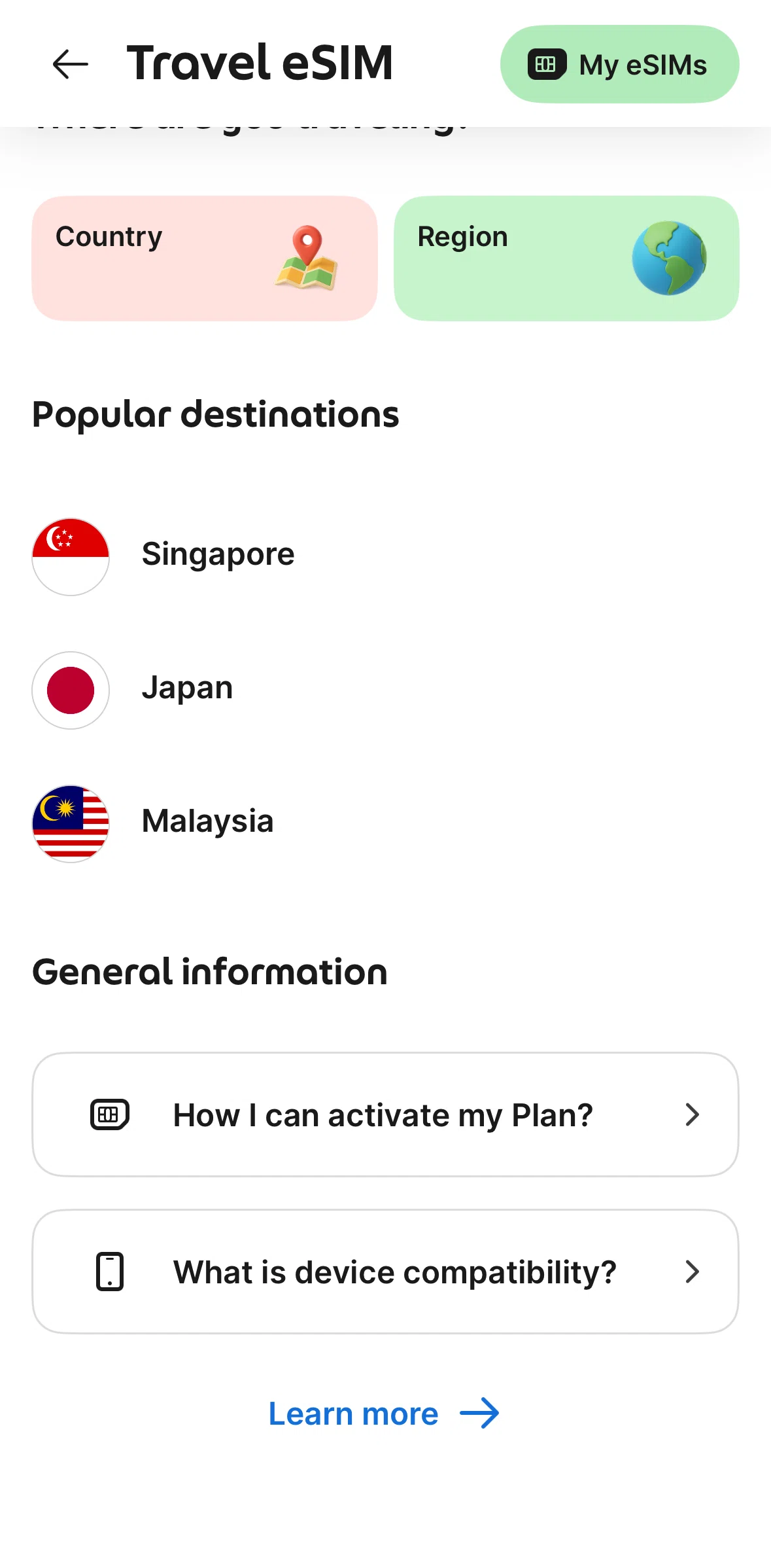 Grab Screen 1 screen in the Buy eSIM flow