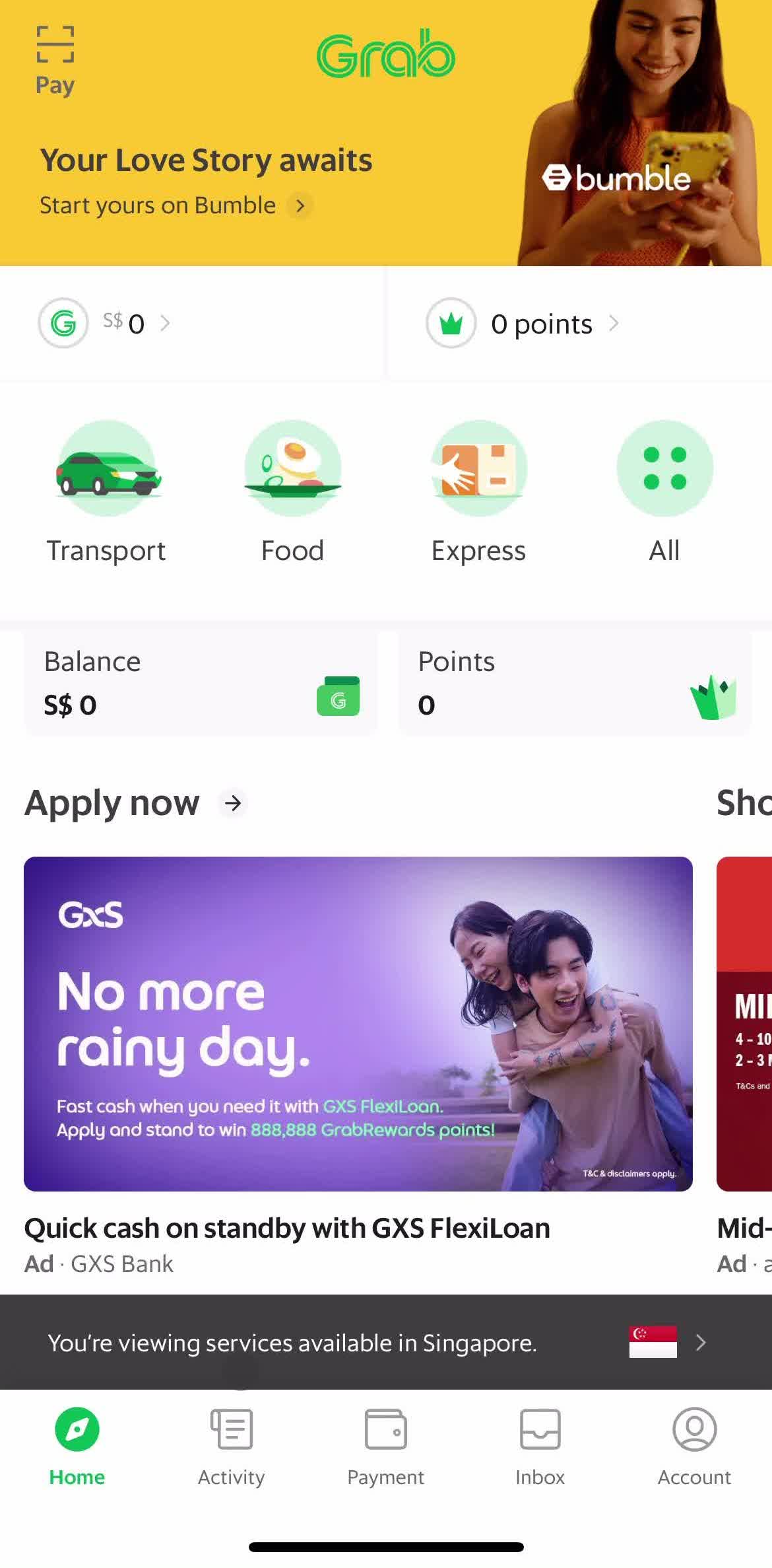 Grab Home screen in the Canceling A Booking flow