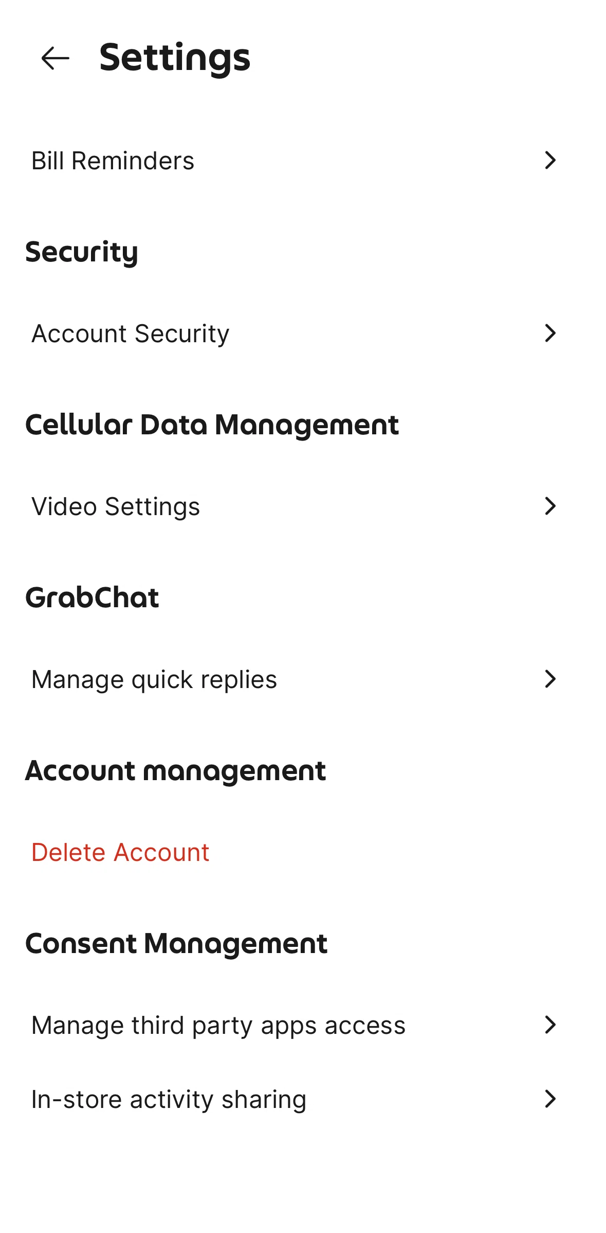 Grab Screen 1 screen in the Deleting an account flow
