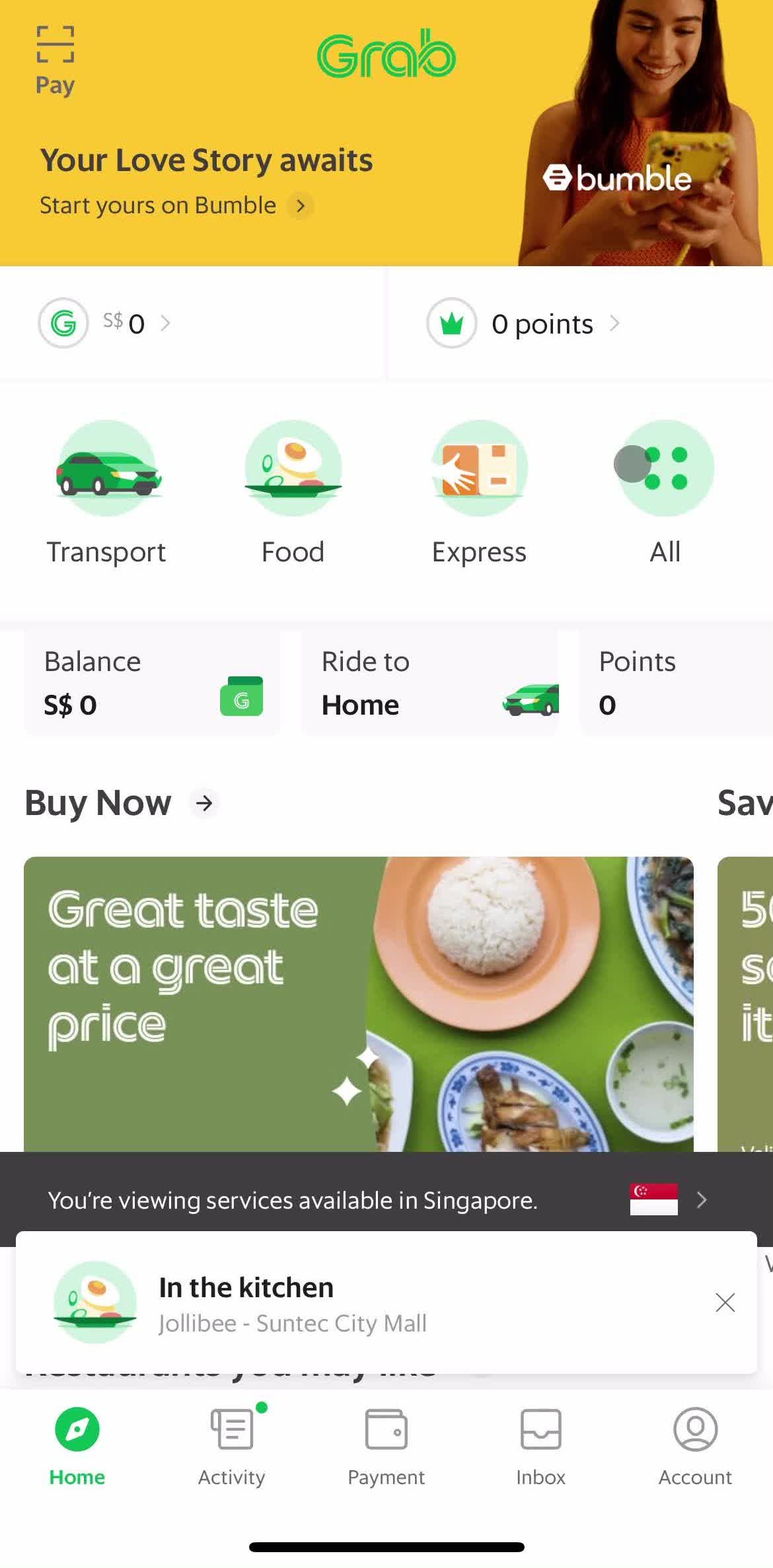Grab Home screen in the Ordering Groceries flow