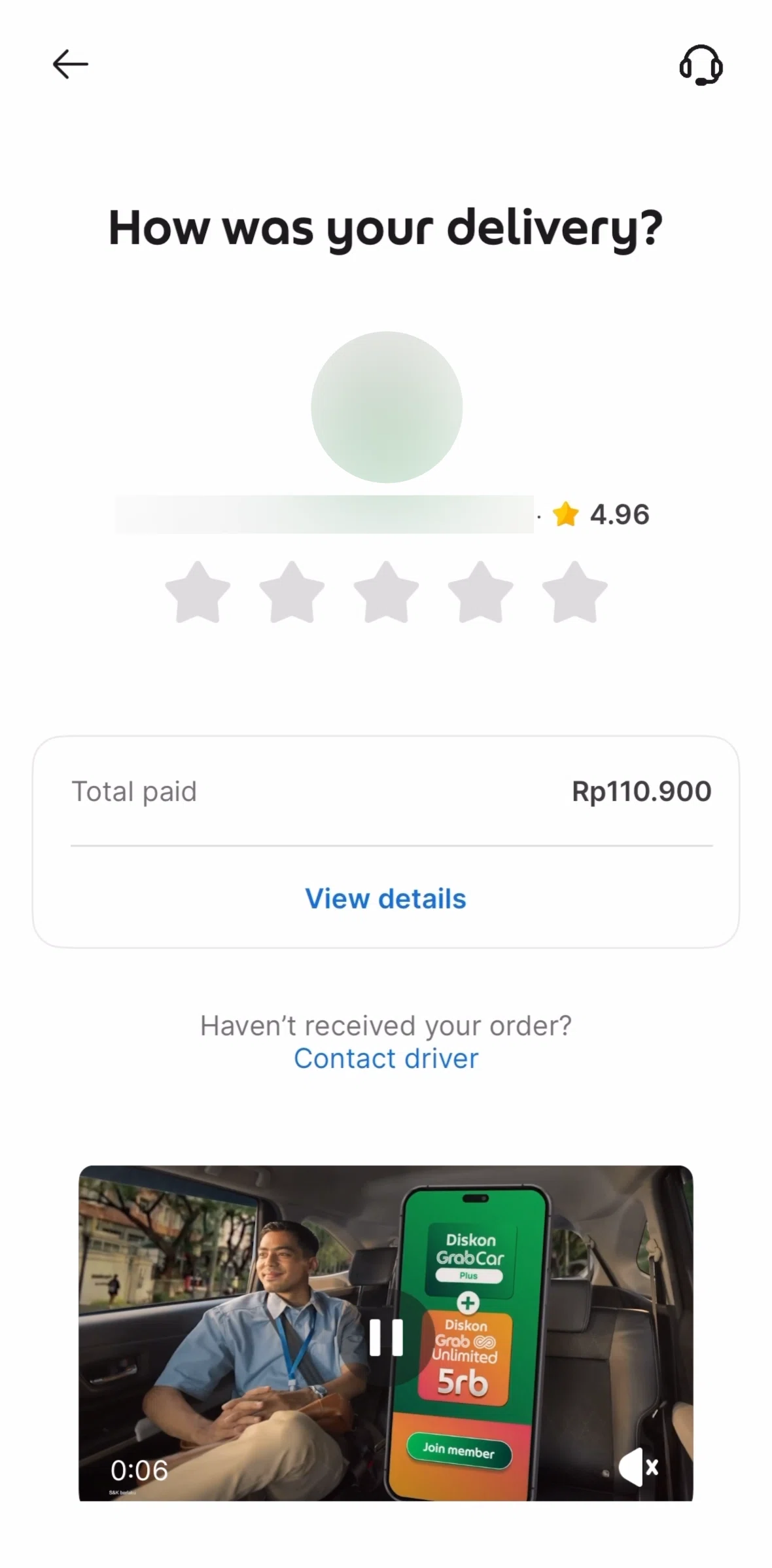 Grab Screen 1 screen in the Rating a delivery order flow