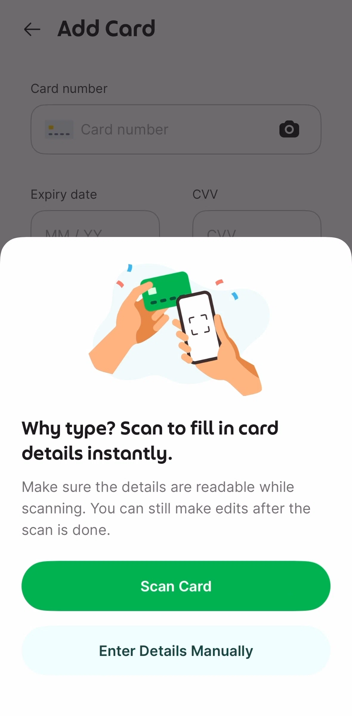 Grab Screen 1 screen in the Scan a card flow