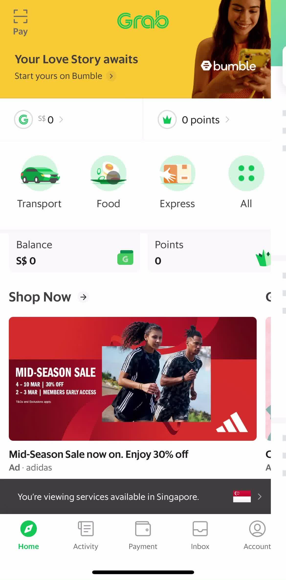 Grab Home screen in the Searching flow