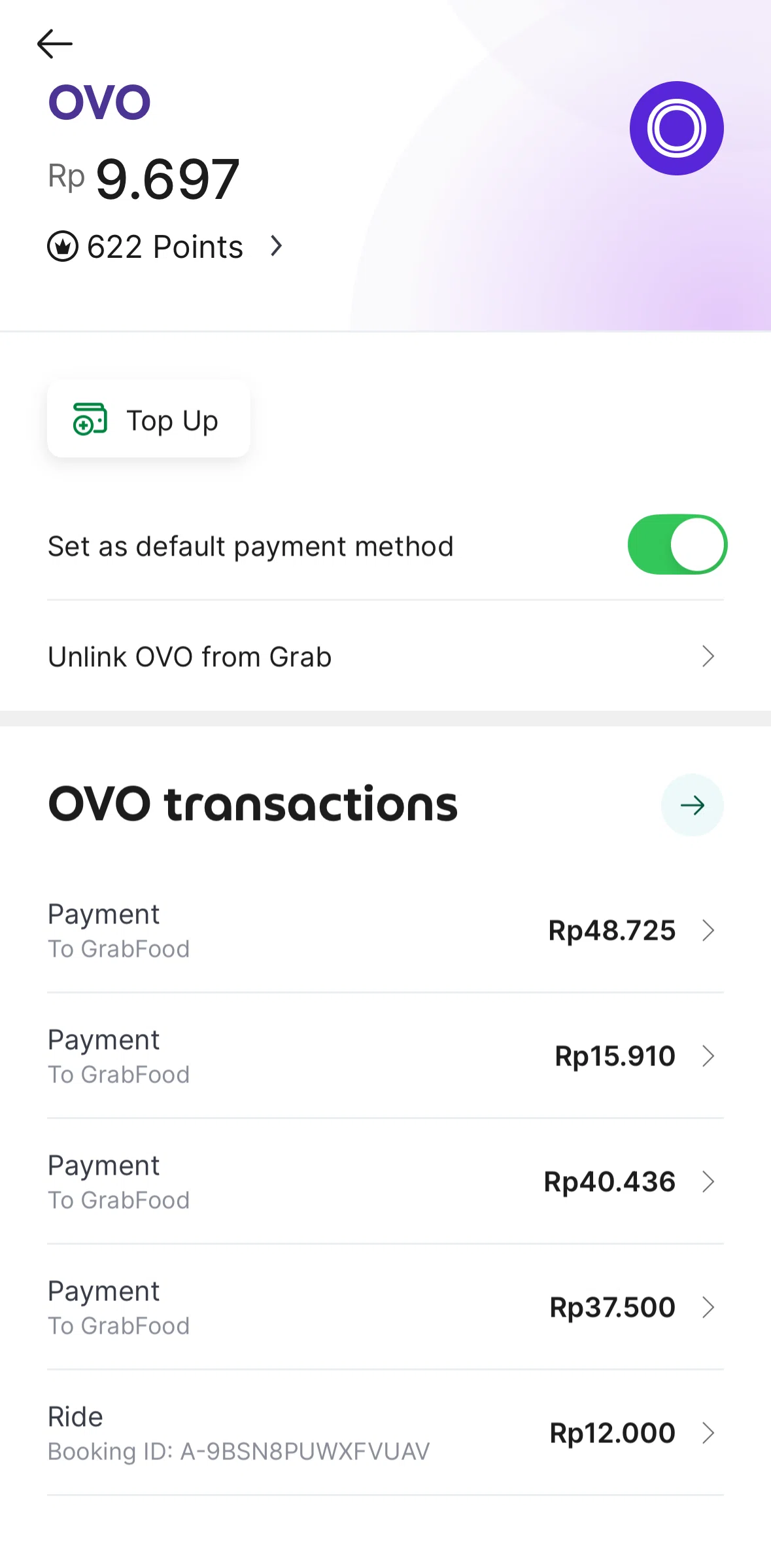 Grab Screen 1 screen in the Top up OVO flow