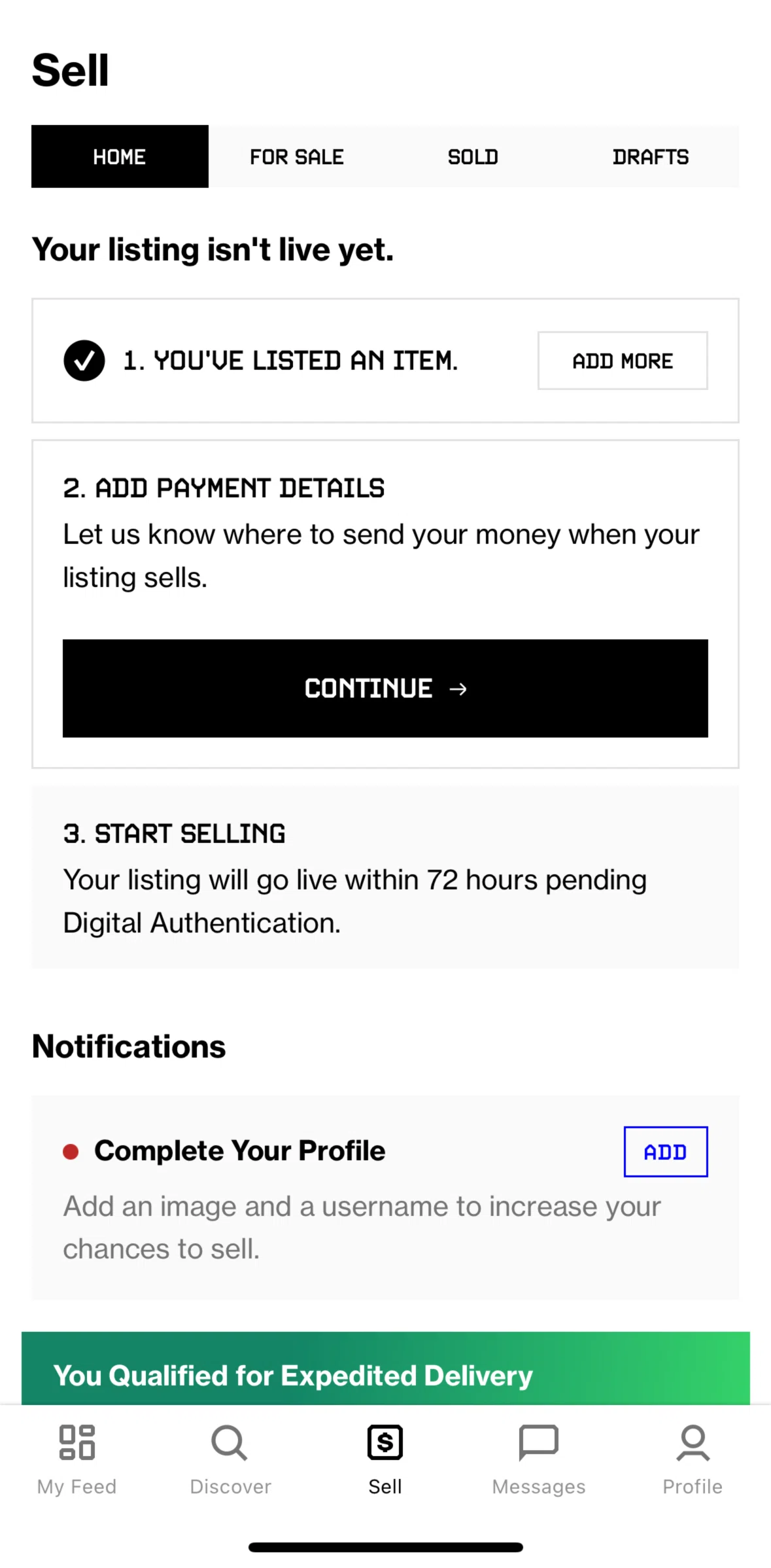 Grailed Screen screen in the Add payment details flow