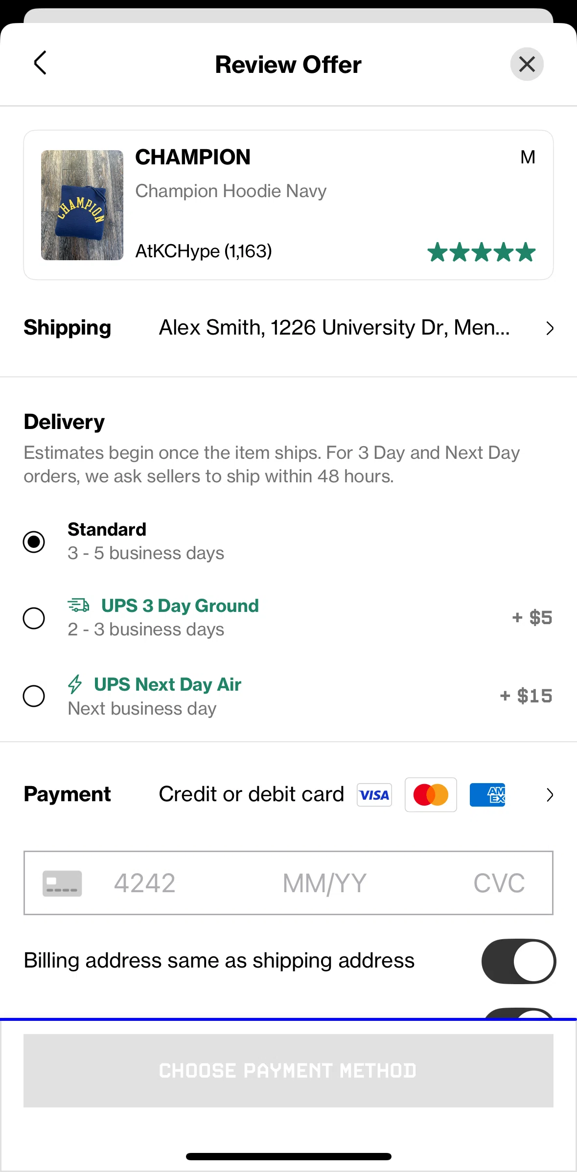 Grailed Screen screen in the Adding a payment method flow