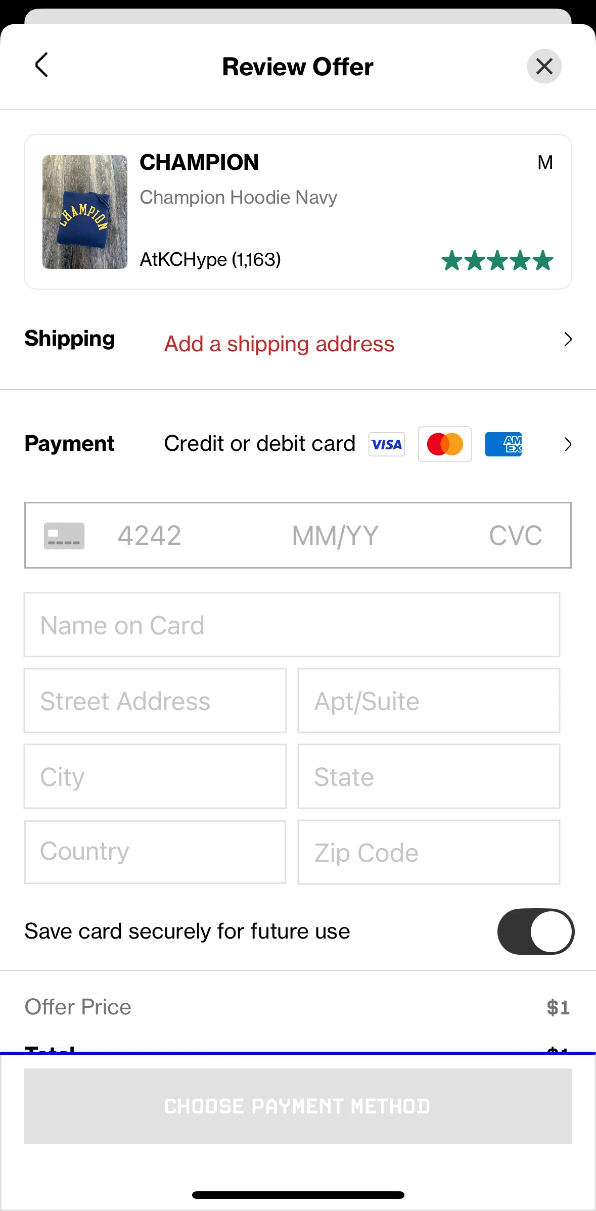 Grailed Screen screen in the Adding an address flow