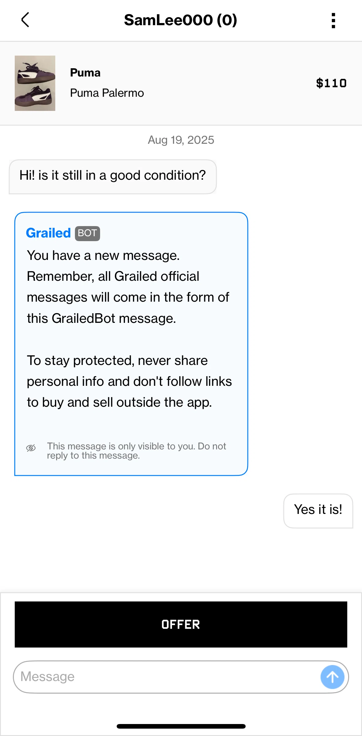 Grailed Screen screen in the Blocking a user flow
