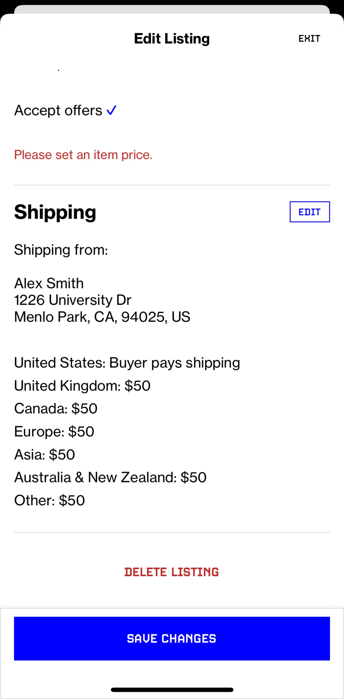 Grailed Screen screen in the Deleting a listing flow